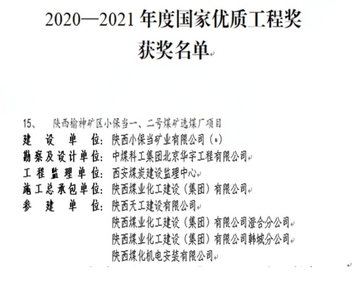 喜訊！陜煤建設(shè)一項工程斬獲國家優(yōu)質(zhì)工程獎